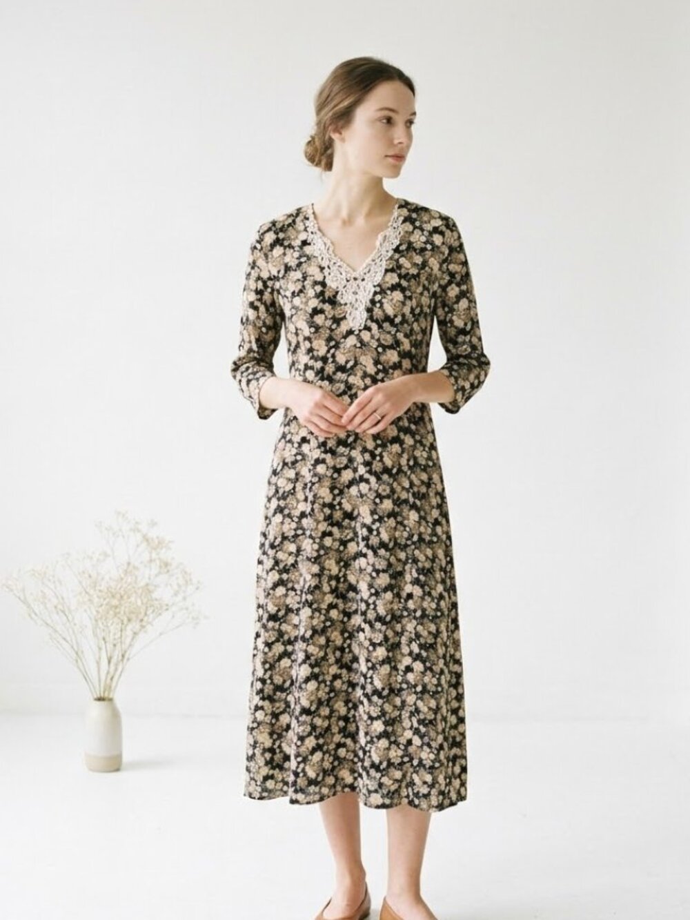 Vintage Ultra Dress Brown Black Floral Midi Cottage Peasant Prairie 12